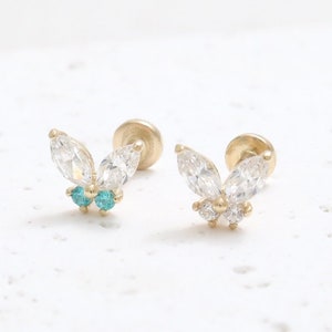 14K Solid Gold Marquise CZ Cubic Zirconia Small Butterfly Ear Stud Cartilage, Tragus, Helix, Internally Threaded Labret Ear Piercing 18G 16G