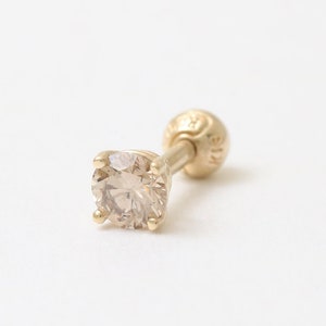 14K 18K Solid Gold 0.03ct, 0.1ct or 0.25ct Cognac Diamond 4 Prongs Ear Stud Tragus Helix Conch Lobe Cartilage Piercing Earring 16G, 18G 1qty