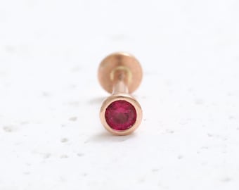 14K Solid Gold Various Carats Red CZ or Genuine Ruby Round Bezel Setting Ear Stud Cartilage Tragus Helix Conch Internally Labret Piercing