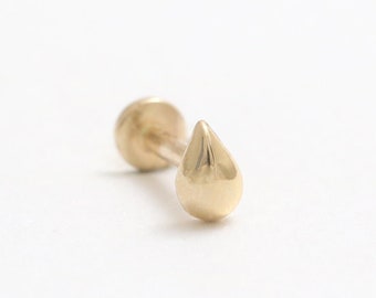 14K Solid Gold Tiny Tear Drop Ear Stud, Cartilage, Tragus, Helix, Conch, Internally Threaded Labret Ear Piercing- 18G/ 1qty