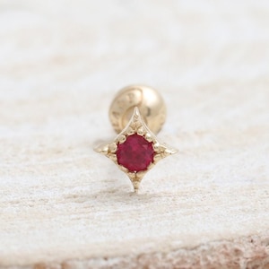 14K 18K Solid Gold Genuine Ruby Accent or Blue Color Sapphire Diamond Shaped Ear Stud Cartilage Tragus Helix Conch Lobe Piercing Earring