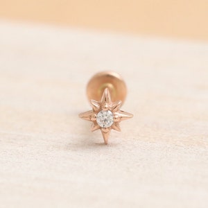14K Solid Gold CZ, Moissanite, Lab or Genuine Diamond Super Tiny Star Ear Stud Cartilage, Tragus, Helix, Internally Threaded Labret Piercing