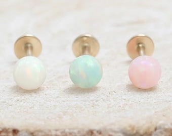 14K Solid Gold 3mm, 4mm, 5mm or 6mm Opal Ear Lobe Stud, Cartilage, Tragus, Helix, Conch, Internally Threaded Labret Ear Piercing 18G 1qty
