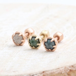 14K 18K Solid Gold Genuine Gray, Green or Blue Diamond Small Flower Stud, Cartilage, Tragus, Helix, Conch, Lobe, Piercing Earring-16G, 18G