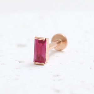 14K Solid Gold Tiny Baguette Cut Genuine Ruby Stud, Cartilage, Tragus, Helix, Conch, Internally Threaded Labret Ear Piercing- 18G