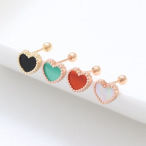 14K Solid Gold Mother of Pearl, Cornelian, Green or Black Onyx Small Heart Ear Stud Cartilage Helix Conch Lobe Piercing Earring- 20G, 1qty