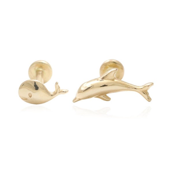 14K Solid Gold Tiny Short or Long Dolphin Whale Ear Stud, Cartilage, Tragus, Helix, Conch, Internally Threaded Labret Piercing 18G 1qty