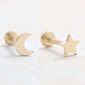 Piercing de orelha em forma de lua crescente ou estrela de ouro maciço 14K, cartilagem, tragus, hélice, concha, labret com rosca interna 18G, 16G/ 1qtd