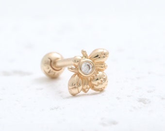 14K 18K Solid Gold CZ, Moissanite, Lab or Genuine Diamond Bezel Setting Honey Bee Stud Tragus Helix Conch Lobe Cartilage Piercing Earring