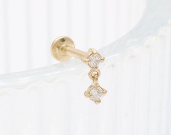 14K Solid Gold Ultra Tiny Dual CZ, Moissanite, Lab or Genuine Diamond Dangling Ear Cartilage Tragus Helix Conch Internally Labret Piercing