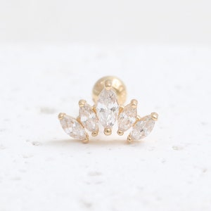 Brinco de orelha de tiara com corte marquês de ouro maciço 14K 18K, moissanita ou diamante de laboratório, cartilagem, tragus, hélice, concha, lóbulo, piercing 1qtd