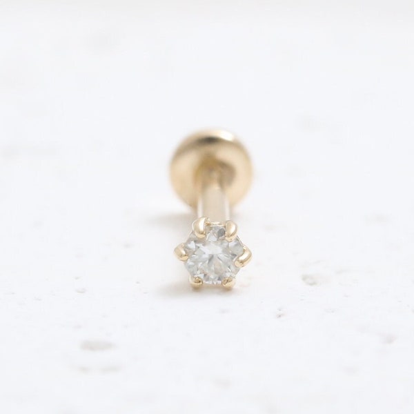 14K Solid Gold 2mm CZ, Moissanite, Lab or Genuine Diamond 6 Prongs Ear Stud Cartilage Tragus Helix Conch Internally Threaded Labret Piercing