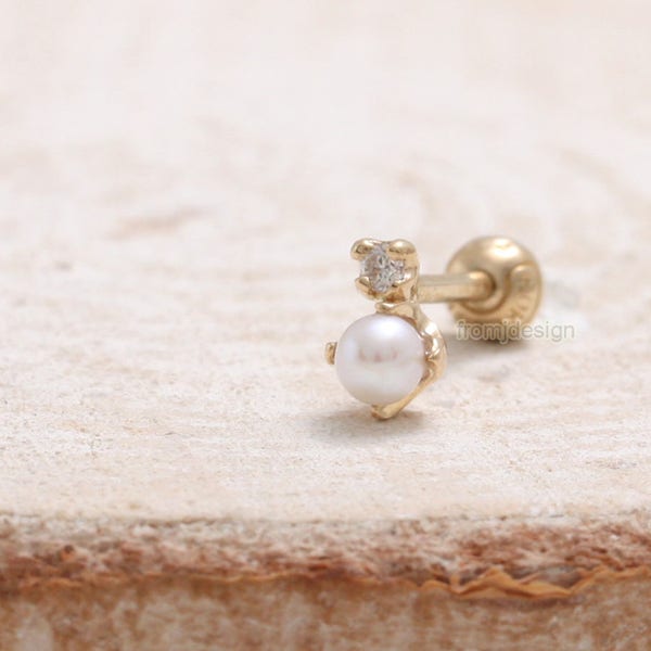 14K 18K Solid Gold Genuine Diamond Accent 3mm Fresh Water Pearl Stud, Tragus, Helix, Conch, Lobe, Cartilage, Piercing Earring-16G, 18G/ 1qty