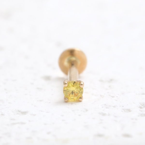 14K Solid Gold 0.03ct, 0.07ct, 0.1ct, 0.25ct Yellow Sapphire 4 Prongs Ear Stud, Cartilage, Tragus, Helix, Conch, Internally Labret Piercing