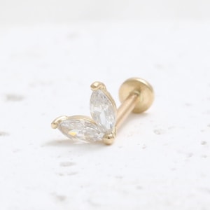 14K Solid Gold Dual Marquis Cut CZ, Moissanite, Lab Diamond Elf Ear Stud Cartilage Tragus Helix Conch Internally Threaded Labret Piercing