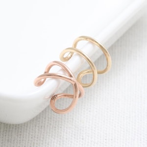 14K 18K Solid Gold Simple Minimalist Crisscross X or Double Row Dual Wire Slim Line Non Pierced Fake Helix Ear Cuff Earring 1qty