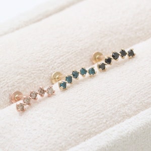 14K Solid Gold Brown, Blue, Black Diamonds Curved Stick Ear Stud Cartilage Tragus Helix Conch Internally Threaded Labret Piercing 18g, 16g