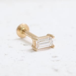 14K Solid Gold Baguette Cut CZ, Moissanite, White Sapphire, Lab, Genuine Diamond 4 Prongs Stud Cartilage Tragus Helix Conch Labret Piercing