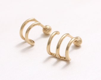 14K 18K Solid Gold Minimal Double or Triple Wire Ear Hoop Stud, Cartilage, Tragus, Helix, Conch, Lobe, Piercing Earring- 16G, 18G/ 1qty