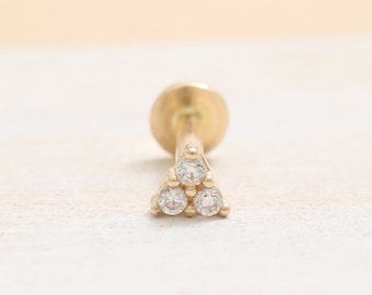 14K Solid Gold Trio CZ, Moissanite Lab or Genuine Diamond Tiny Triangle Stud Cartilage Tragus Helix Conch Internally Labret Ear Piercing
