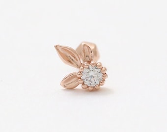 14K 18K Solid Gold CZ, Moissanite, Lab or Genuine Diamond Leaves Elf Flower Ear Stud Cartilage Tragus Helix Conch Piercing Earring 18g, 16g