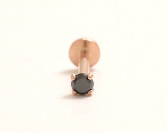 14K Solid Gold Various Carats Black Diamond 4 Prongs Setting Stud Cartilage Tragus Helix Conch Internally Threaded Labret Piercing 18g 16g