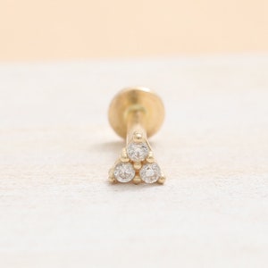 14K Solid Gold Trio CZ, Moissanite Lab or Genuine Diamond Tiny Triangle Stud Cartilage Tragus Helix Conch Internally Labret Ear Piercing