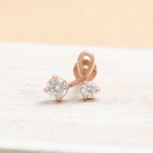 14K Solid Gold Dual CZ, Moissanite, Lab or Genuine Diamond Cherry Stud Cartilage Tragus Helix Conch Internally Threaded Labret Ear Piercing