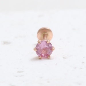 14K Solid Gold Various Carats Pink Sapphire 6 Prongs Ear Stud Cartilage Tragus Helix Conch Internally Threaded Labret Piercing 18g 16g