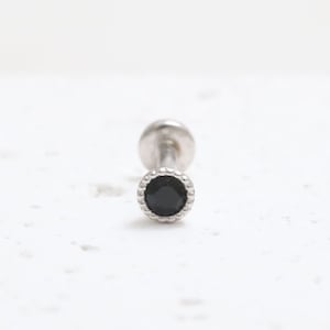 14K Solid Gold 2mm, 2.5mm, 3mm or 4mm Black CZ or Black Diamond Milgrain Bezal Stud Cartilage Tragus Helix Conch Internally Labret Piercing