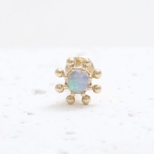 14K 18K Solid Gold 3mm Genuine Opal Tiny Dots Flower Ear Stud, Cartilage, Tragus, Helix, Conch, Lobe, Labret Piercing Earring-16g, 18g