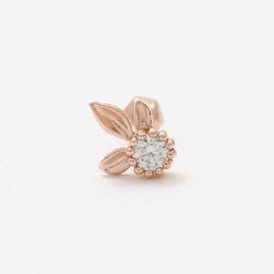14K 18K Solid Gold CZ, Moissanite, Lab or Genuine Diamond Leaves Elf Flower Ear Stud Cartilage Tragus Helix Conch Piercing Earring 18g, 16g