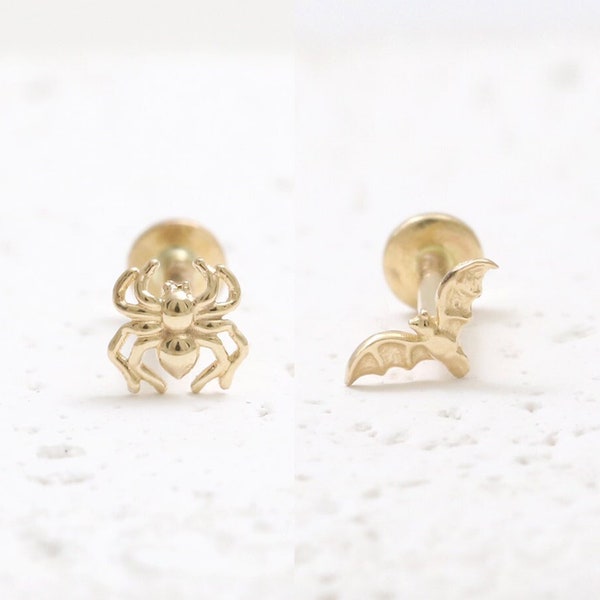 14K Solid Gold Tiny Spider or Ultra Tiny Bat Ear Stud, Cartilage, Tragus, Helix, Conch, Internally Threaded Labret Piercing Earring 18G 1qty