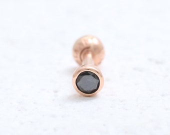 14K 18K Gold Various Carats Black CZ or Genuine Black Diamond Bezel Setting Ear Stud Cartilage Tragus Helix Conch Lobe Piercing Earring