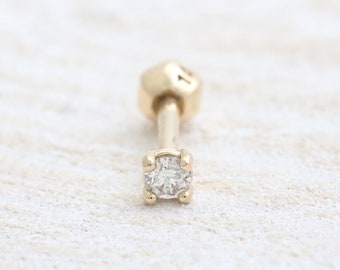 14K 18K massivt guld 0,03ct CZ, Moissanit, Lab eller äkta diamant 4-stifts örhänge med brosk, tragus, helix, conch lob piercing, 1 st