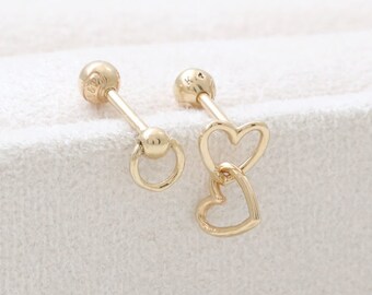 14K 18K Solid Gold Tiny Ball Accent Circle or Open Double Heart Links Ear Stud Cartilage Tragus Helix Conch Piercing Earring 18g, 16g- 1qty