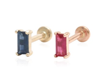 14K Solid Gold Tiny Baguette Cut Blue Sapphire or Ruby 4 Prongs Stud Cartilage Tragus Helix Conch Internally Threaded Labret Ear Piercing