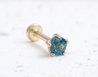 14K Solid Gold 0.1ct or 0.25ct London Blue Topaz 5 Prongs Stud Cartilage Tragus Helix Conch Internally Threaded Labret Ear Piercing 18G, 16G