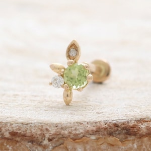 14K Solid Gold Genuine Peridot & Tiny Diamonds Elf Leaf Ear Stud, Cartilage, Tragus, Helix, Internally Threaded Labret Ear Piercing 18G, 16G