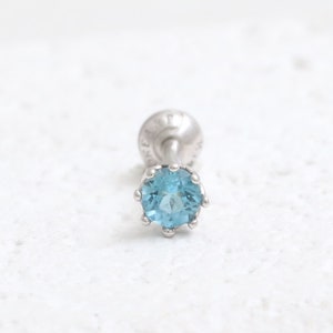 14K 18K Solid Gold 0.1ct or 0.25ct Genuine Blue Topaz Multi Prongs Setting Stud Cartilage Tragus Helix Conch Lobe Piercing Earring 16G, 18G