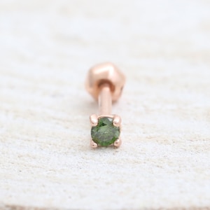 14K 18K Solid Gold 0.03ct, 0.07ct, 0.1ct, 0.15ct or 0.25ct Green Diamond 4 Prongs Setting Stud Cartilage Tragus Helix Conch Piercing Earring