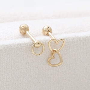 14K 18K Solid Gold Tiny Ball Accent Circle or Open Double Heart Links Ear Stud Cartilage Tragus Helix Conch Piercing Earring 18g, 16g- 1qty