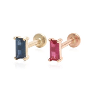 14K Solid Gold Tiny Baguette Cut Blue Sapphire or Ruby 4 Prongs Stud Cartilage Tragus Helix Conch Internally Threaded Labret Ear Piercing