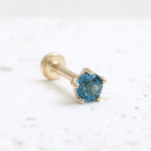 14K Solid Gold 0.1ct or 0.25ct London Blue Topaz 5 Prongs Stud Cartilage Tragus Helix Conch Internally Threaded Labret Ear Piercing 18G, 16G