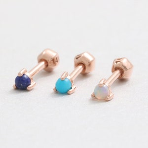 14K 18K Solid Gold 2mm or 3mm Genuine Opal, Turquoise or Lapis Lazuli 3 Prongs Stud Cartilage Tragus Helix Conch Lobe Piercing Earring 1qty