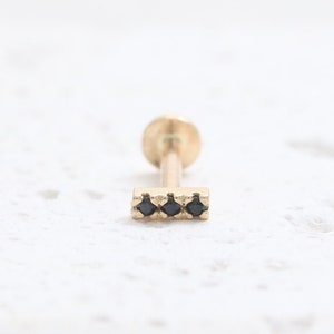 14K Solid Gold Black CZ or Genuine Black Diamonds Tiny Short Stick Stud Cartilage Tragus Helix Conch Internally Labret Ear Piercing 18g 16g