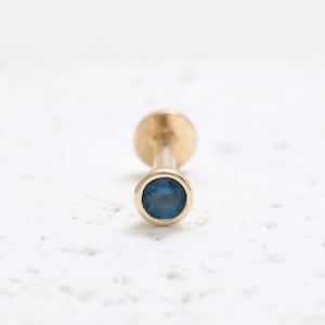 14K Solid Gold Various Carats Blue Color CZ or Genuine Blue Sapphire Round Bezel Ear Stud Cartilage Tragus Conch Internally Labret Piercing