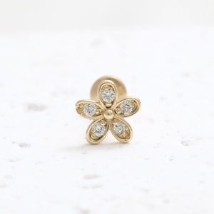 14K Solid Gold CZ, Moissanite, Lab or Genuine Diamond Tiny Daisy Flower Stud Cartilage Tragus Helix Conch Internally Labret Ear Piercing