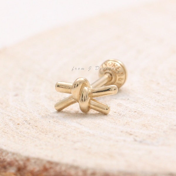 14K 18K Solid Gold Knotted Stud, Tragus, Helix, Outer Conch, Lobe, Cartilage, Piercing Earring-16G, 18G/ 1qty