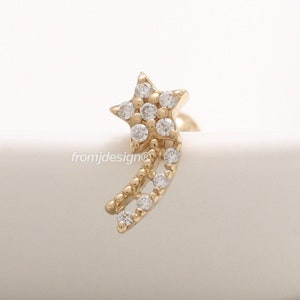 14K 18K Gold CZ, Moissanite, Lab or Genuine Diamond Shooting Star Ear Stud Tragus Helix Conch Lobe Cartilage Ball Piercing 16g, 18g- 1qty